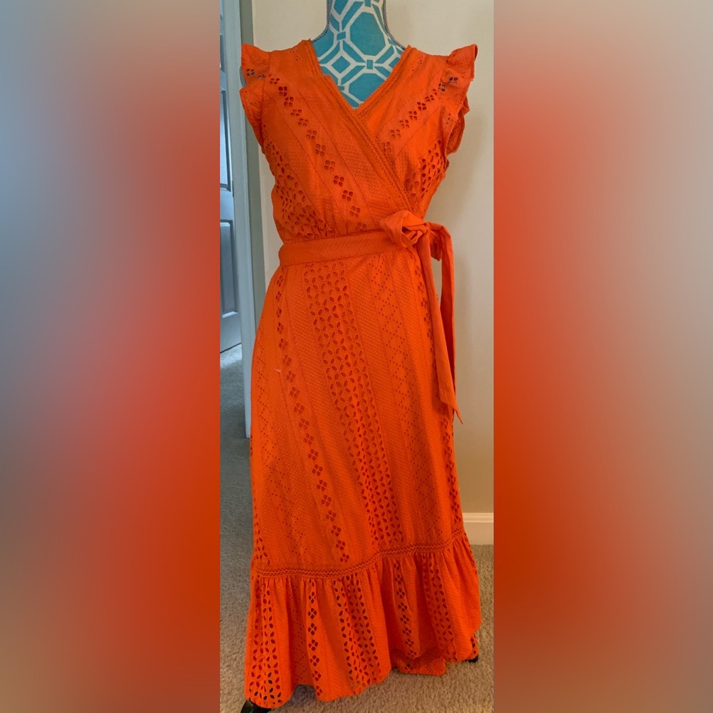 J. Crew All Over Eyelet Wrap Dress Womens size 10 Resort Orange Midi L2554